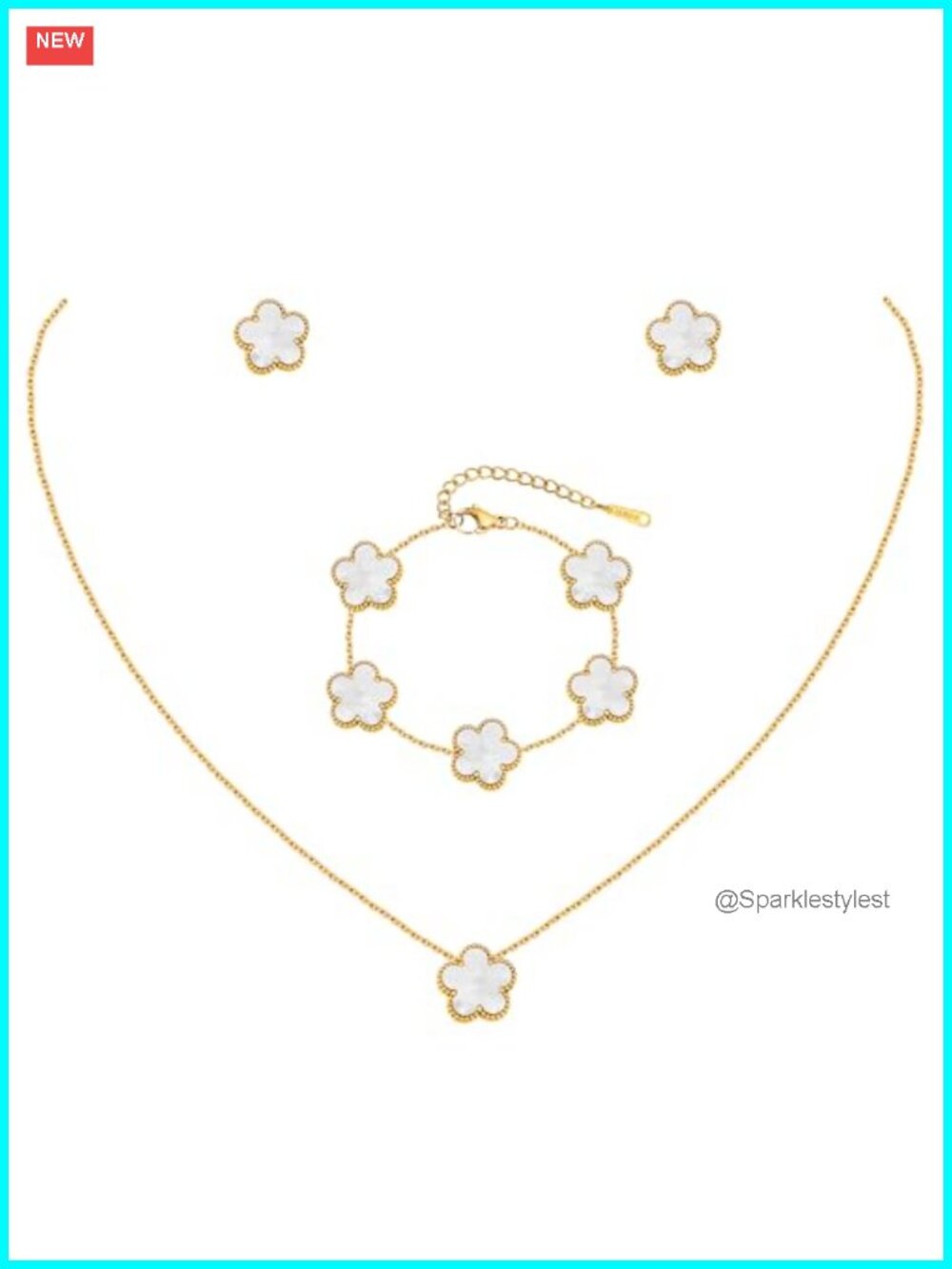 18K Gold Plated Flower Necklace Bracelet Earring Set Stainless Steel Gift